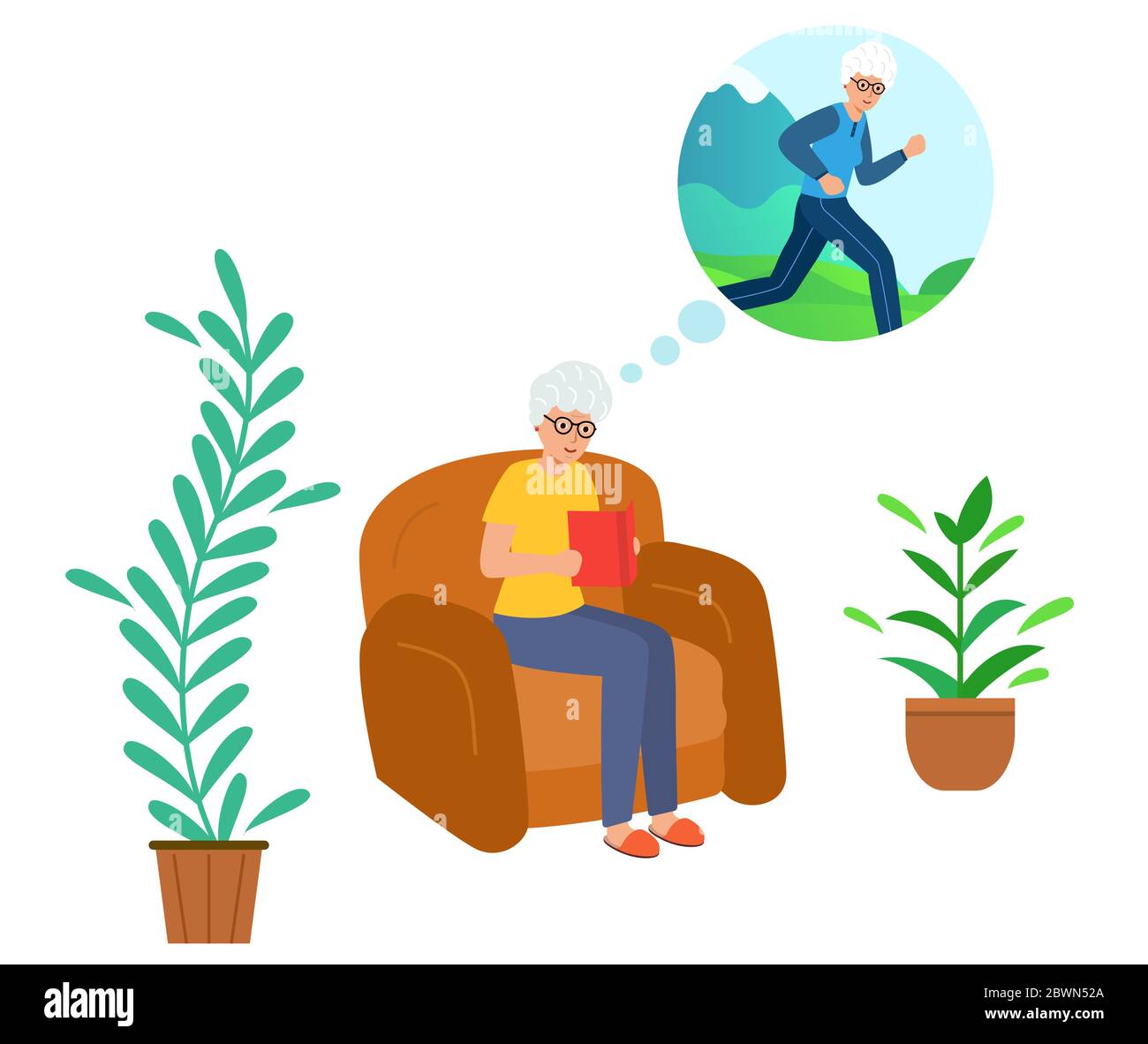 Grandma is sitting at home on the couch, reading a book. Dreams of training and a healthy body. Concept healthy lifestyle. Vector illustration in mode Stock Vector