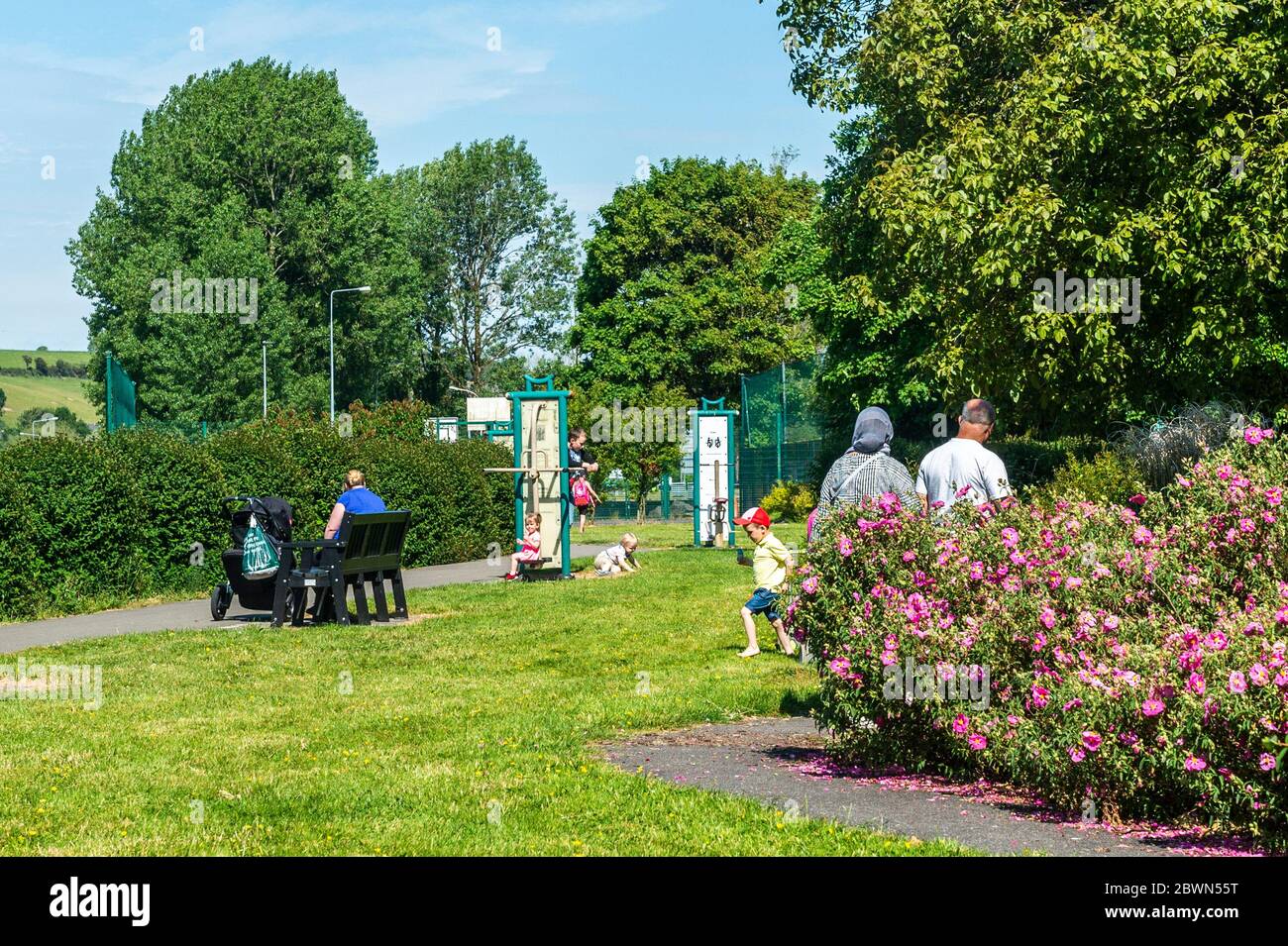 Bandon, West Cork, Ireland. 2nd June, 2020. People enjoy the Riverview Park in bandon this afternoon as temperatures hit 26C and the pollen count was very high. Credit: AG News/Alamy Live News Stock Photo