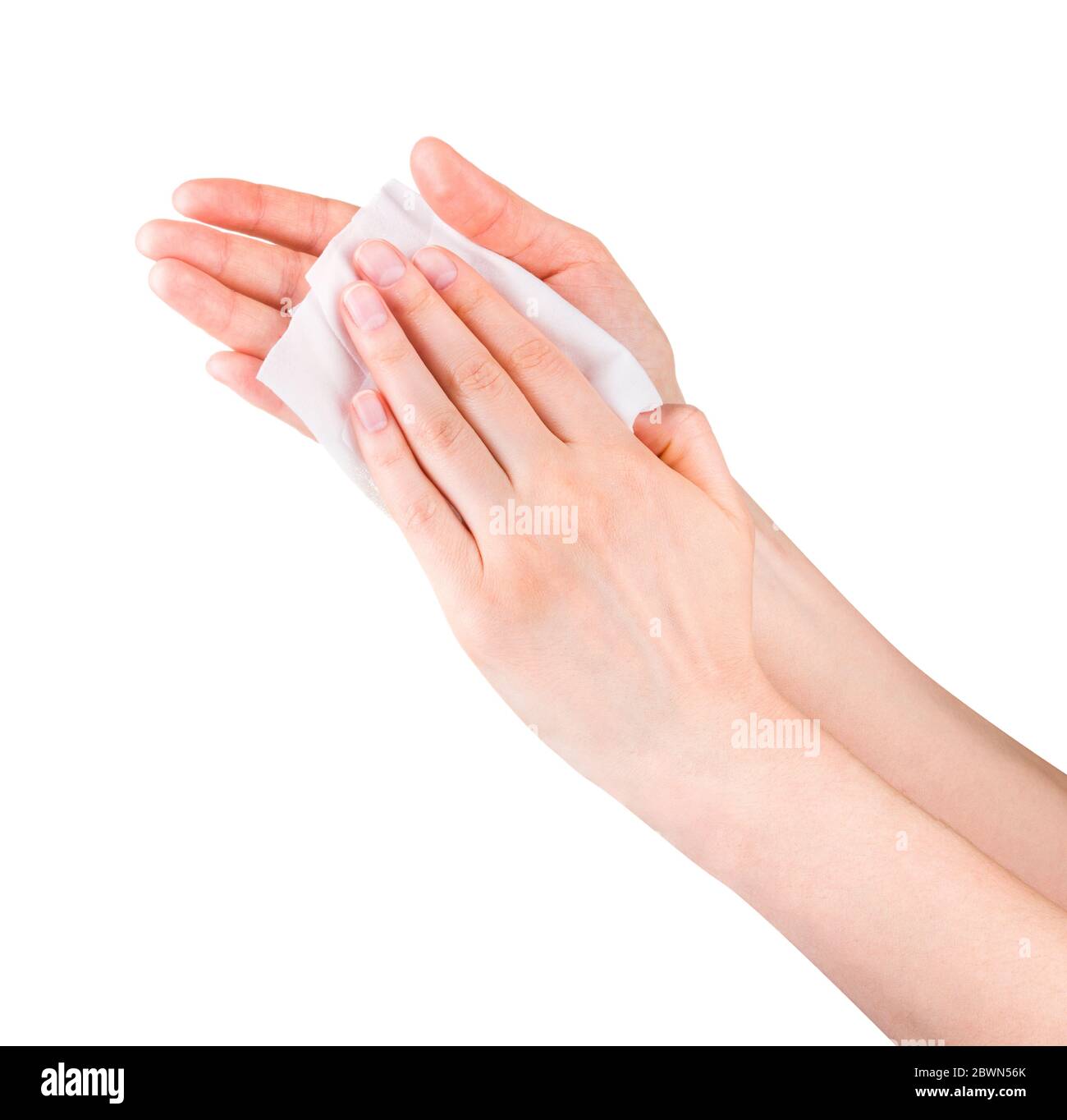 Woman hand use antibacterial wet wipes or tissue isolated on a white