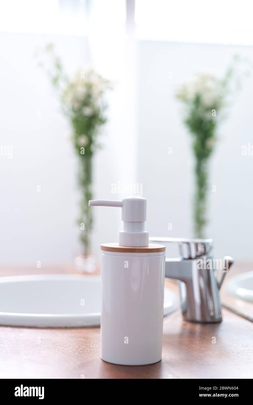 Soap dispenser in a modern bright bathroom Stock Photo - Alamy