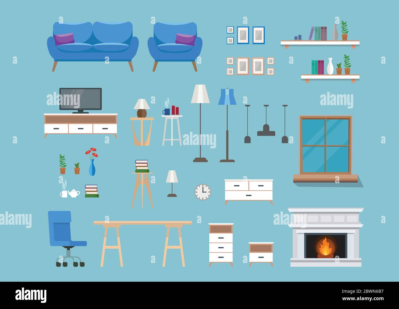 Set of modern interior elements, living room furniture. Vector ...