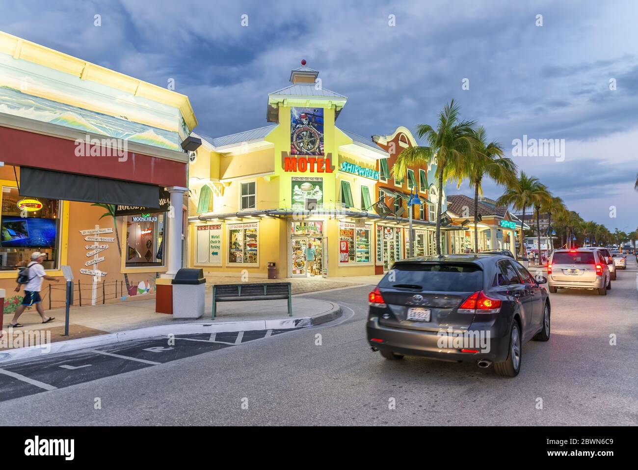 FORT MYERS, FLORIDA - FEBRUARY 2016: Cars traffic along city streets at night. Stock Photo