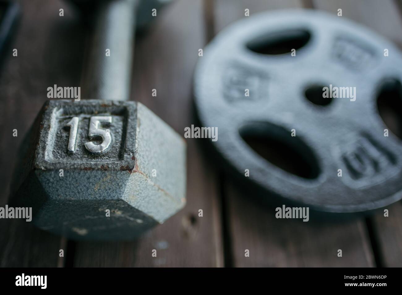 at home workout equipment weights and workout bands Stock Photo