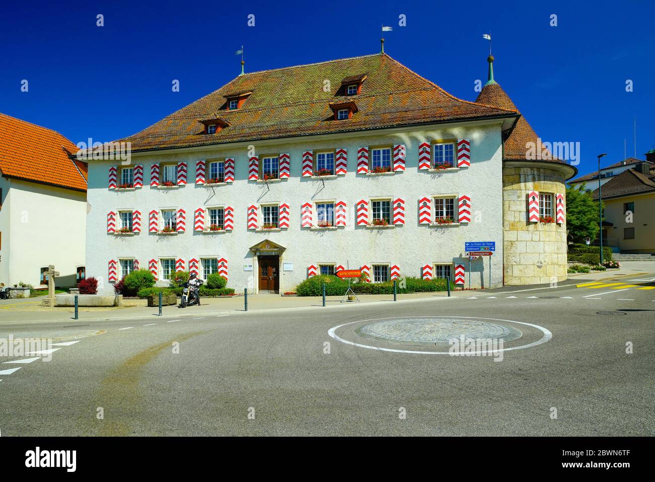 Castle in Saignelégier. Saignelégier is a municipality in the canton of Jura. Canton Jura in Switzerland. Great bishop of Autun, had given this villag Stock Photo