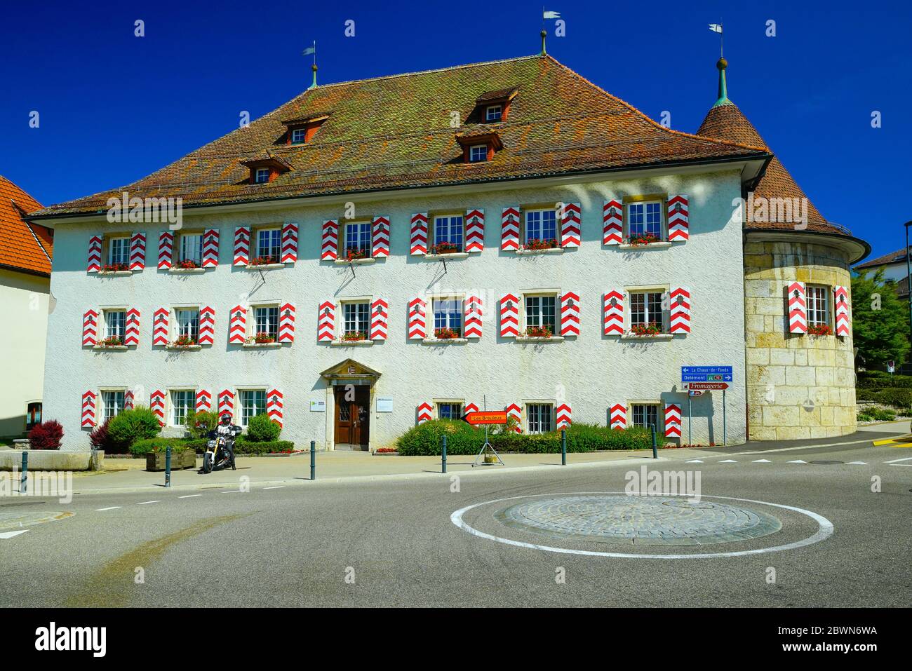 Castle in Saignelégier. Saignelégier is a municipality in the canton of Jura. Canton Jura in Switzerland. Great bishop of Autun, had given this villag Stock Photo