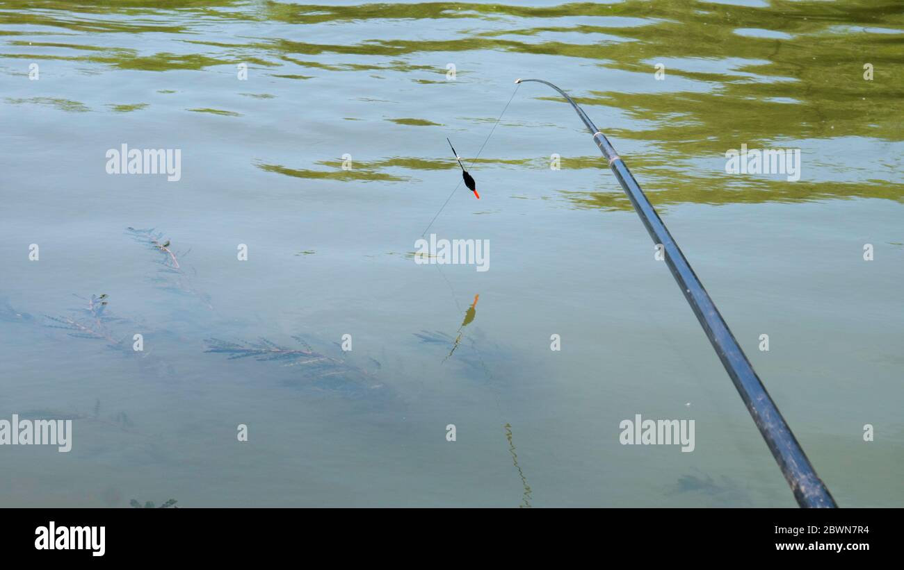 Fishing rod, fishing pole with a cork or float on the river Stock Photo -  Alamy