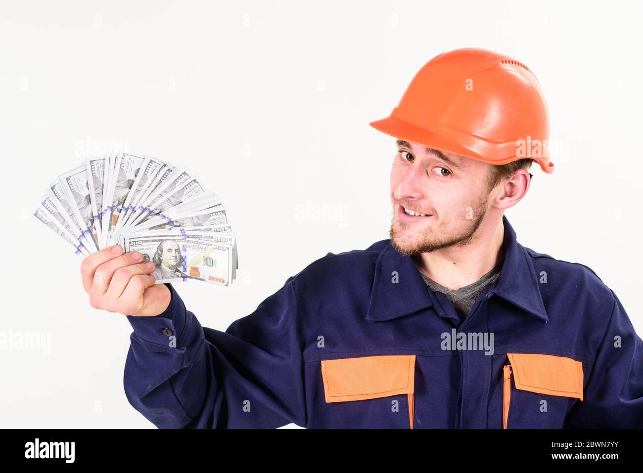 Handyman With Smiling Face In Hard Hat On White Background Man In Helmet Got Salary Money