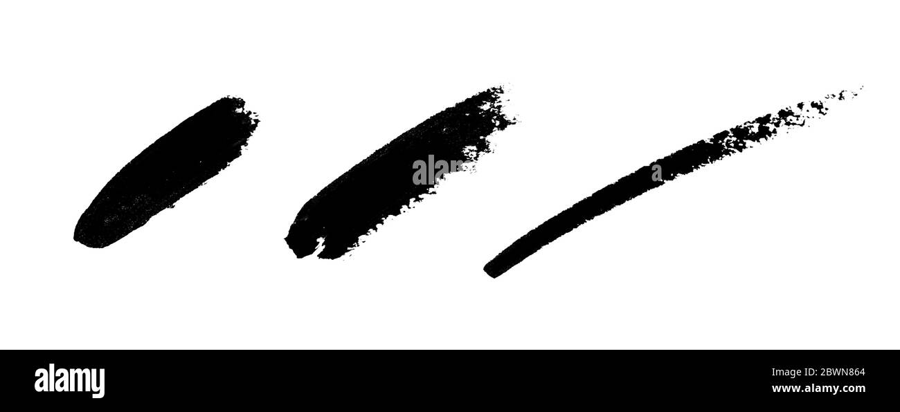 Smudged black strokes for decoration design. Smear hand drawing lines. Brush stroke samples. Textured Paint line isolated on white background. Stock Photo