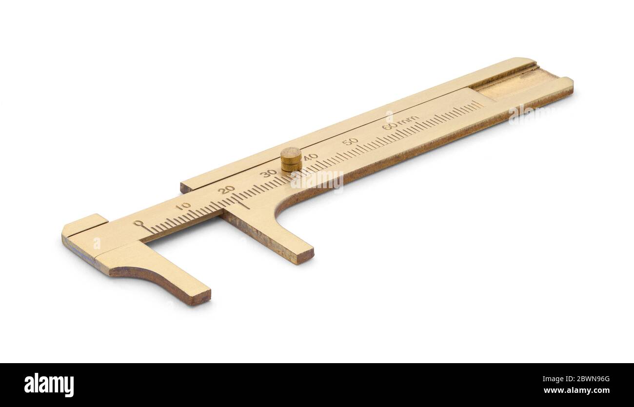 Brass Caliper Scale Ruler Isolated on White. Stock Photo