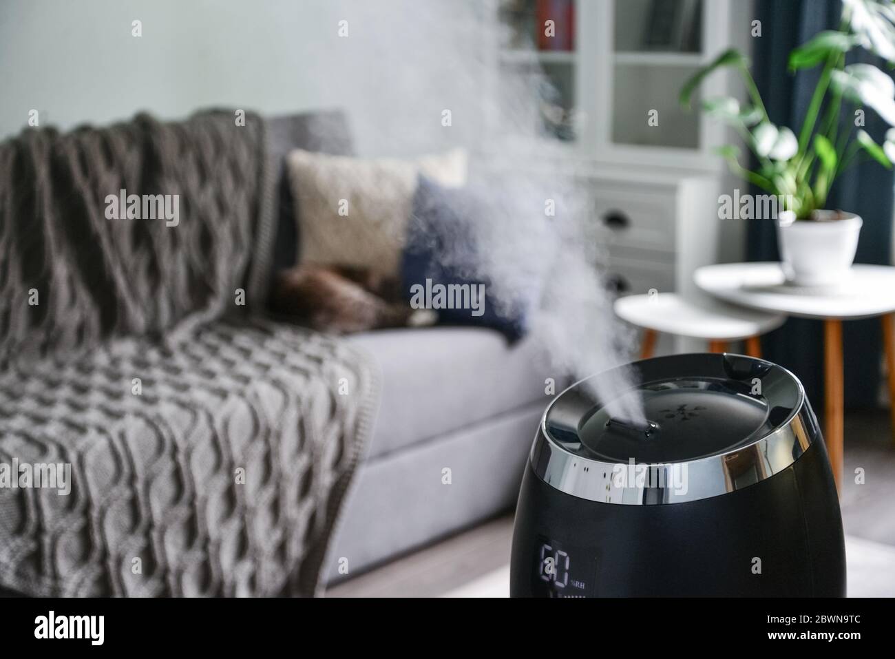 Ultrasonic cool mist humidifier for home on a small table in living room closeup Stock Photo