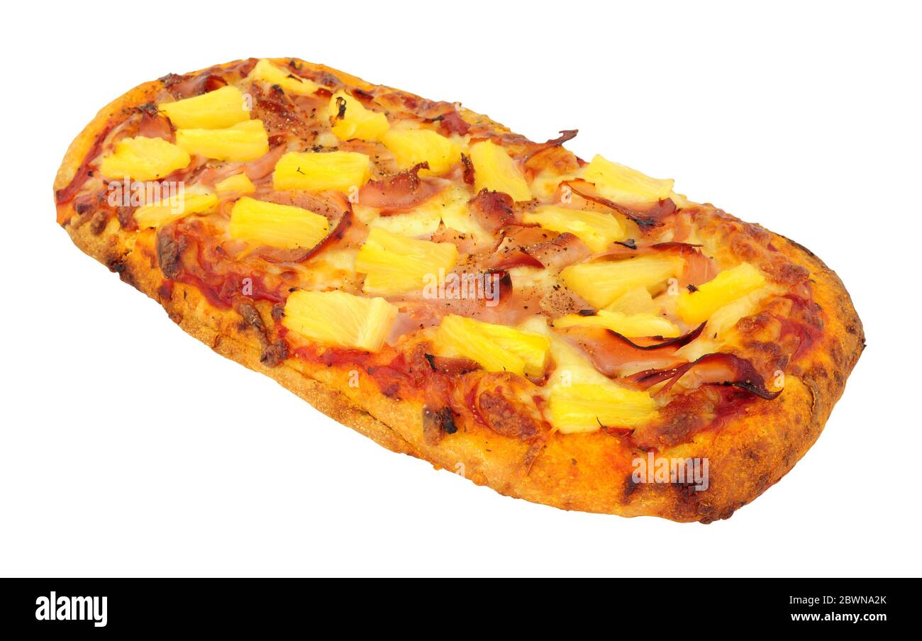 ham and pineapple flat bread pizza isolated on a white background Stock Photo
