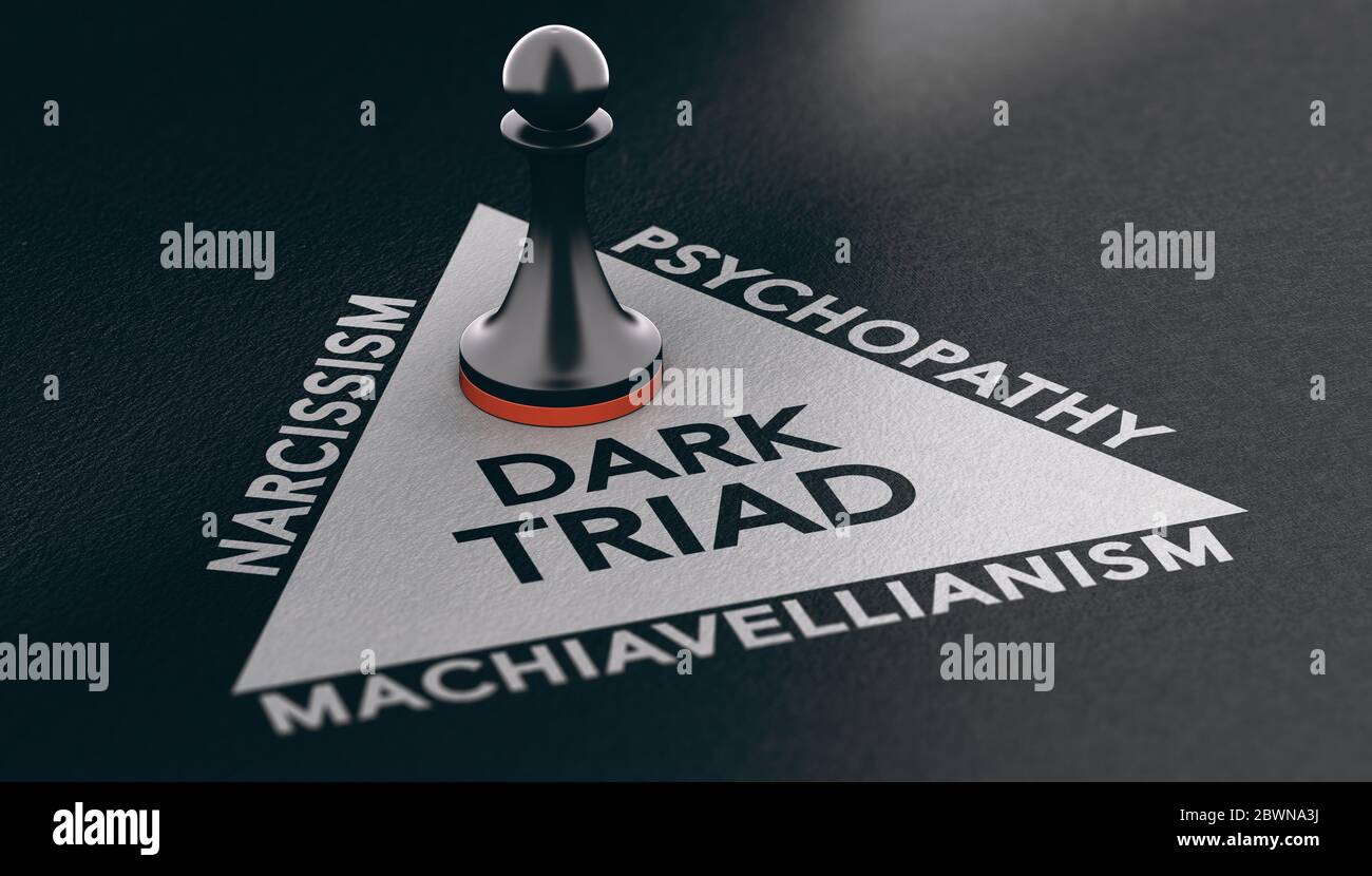 3d illustration of a pawn over a triangle shape with three words around it narcissism, psychopathy and machiavellianism. Psychological disorder concep Stock Photo