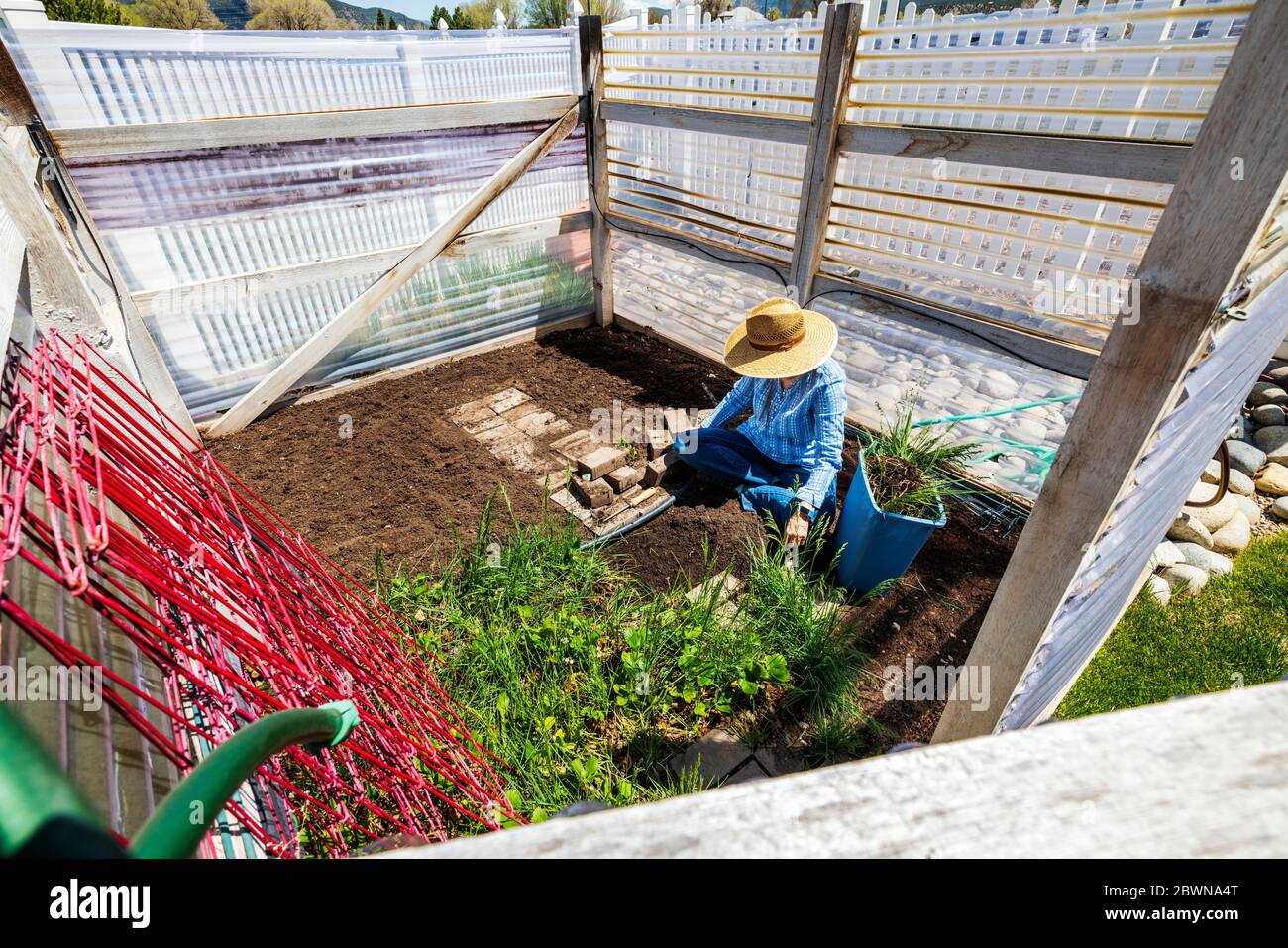 Senior woman preparing vegetable garden for spring planting Stock Photo