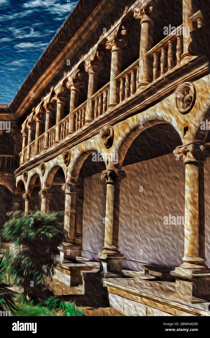 Columns and arches in central courtyard of a cloister in a gothic ...