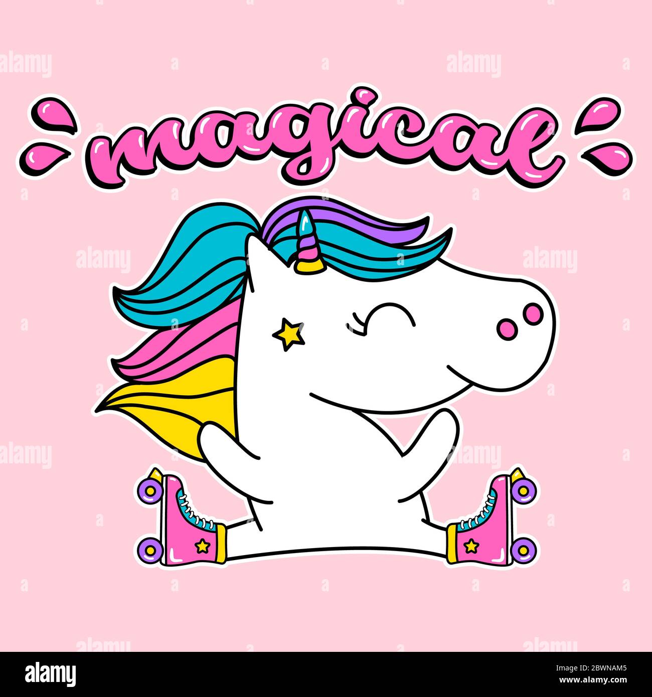 MAGICAL AND HAPPY UNICORN WITH ROLLER SKATES, SLOGAN PRINT VECTOR Stock  Photo - Alamy