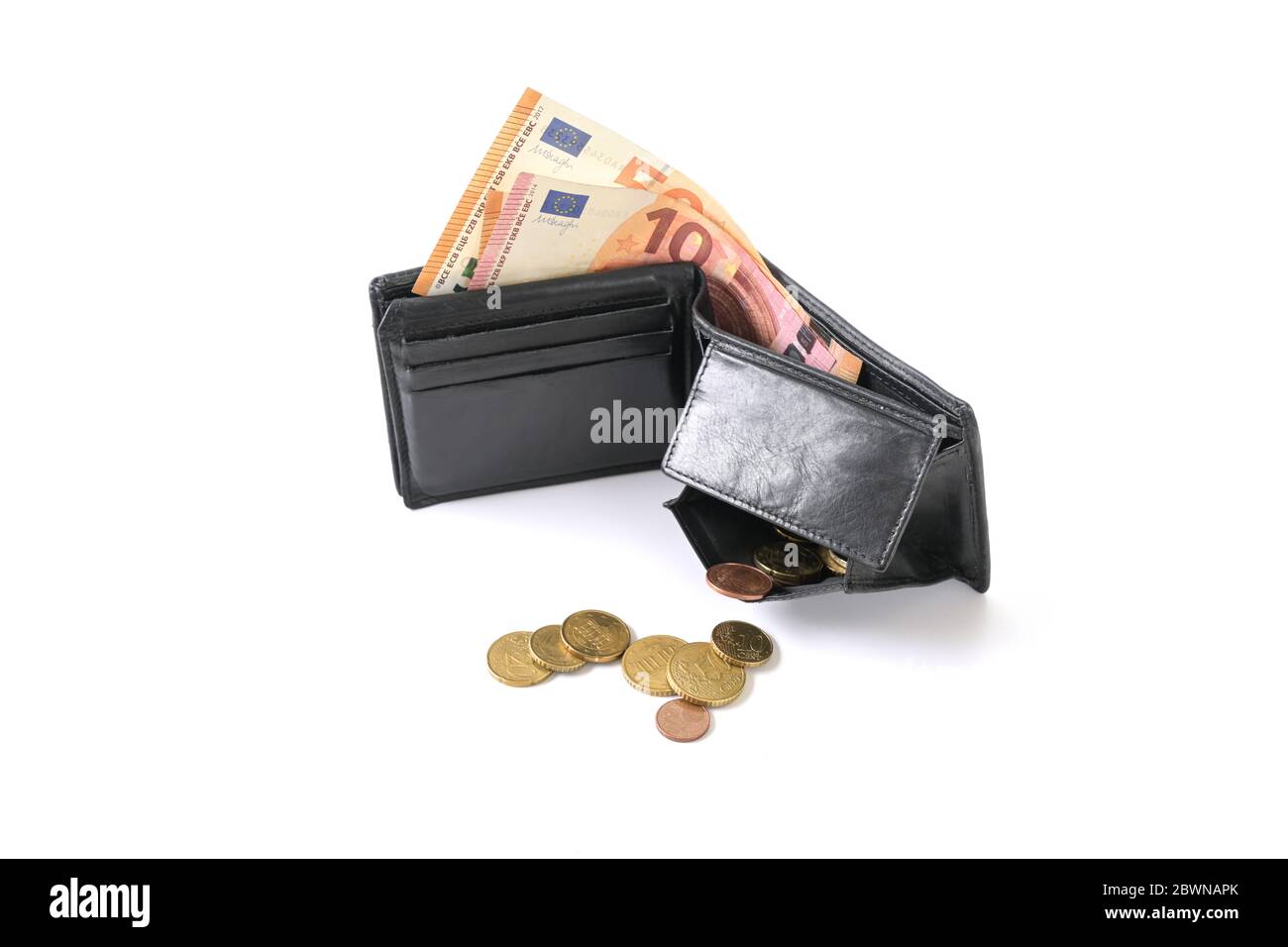Open wallet with some euro coins and notes, money check in an economic crisis, isolated on a white background, selective focus Stock Photo
