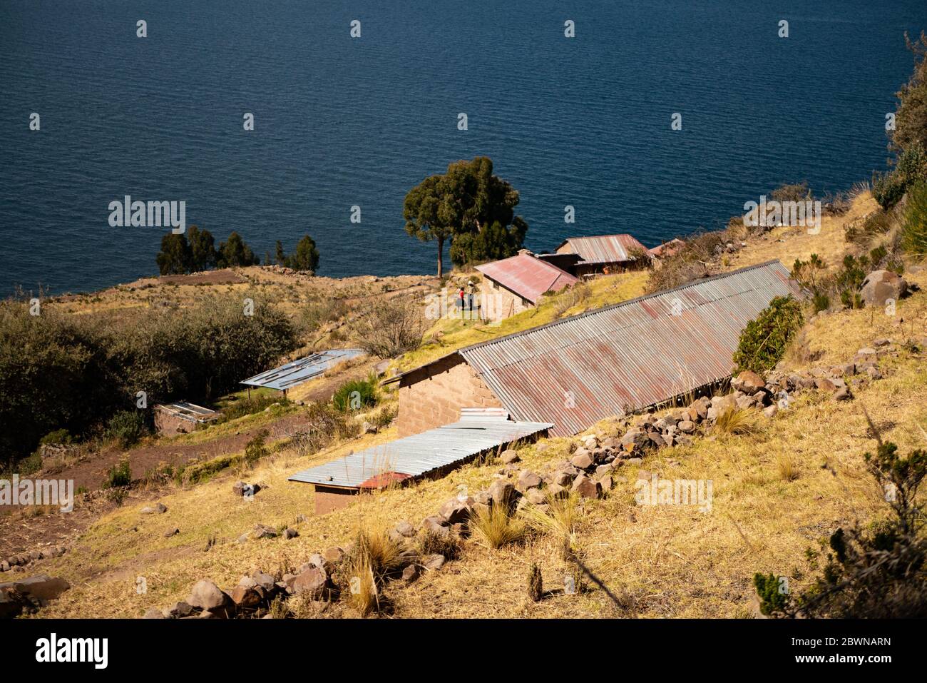 The view on one of the local houses on the terraced slope of Taquile Island with Lake Titicaca in the background. Stock Photo