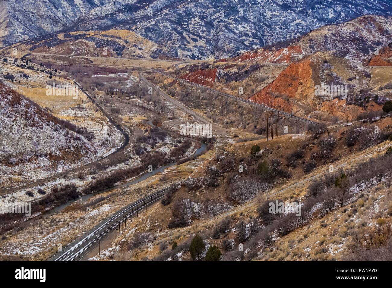 Union Pacific Railroad tracks running through the Wasatch Mountains between Spanish Fork and Price, Utah, USA Stock Photo