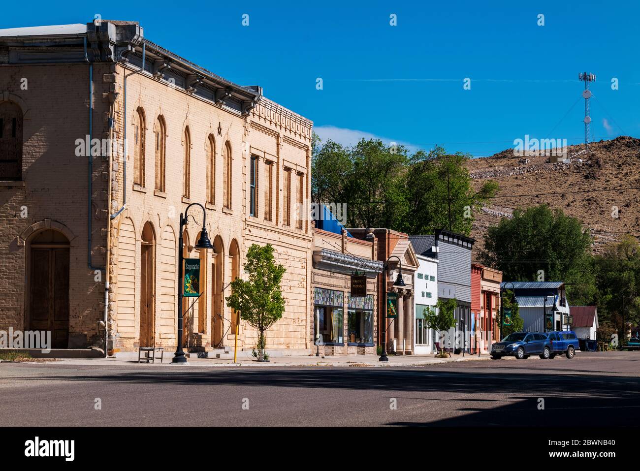 Shops & businesses line historic Fourth Street; small town of Saguache;  San Luis Valley; Central Colorado; USA Stock Photo