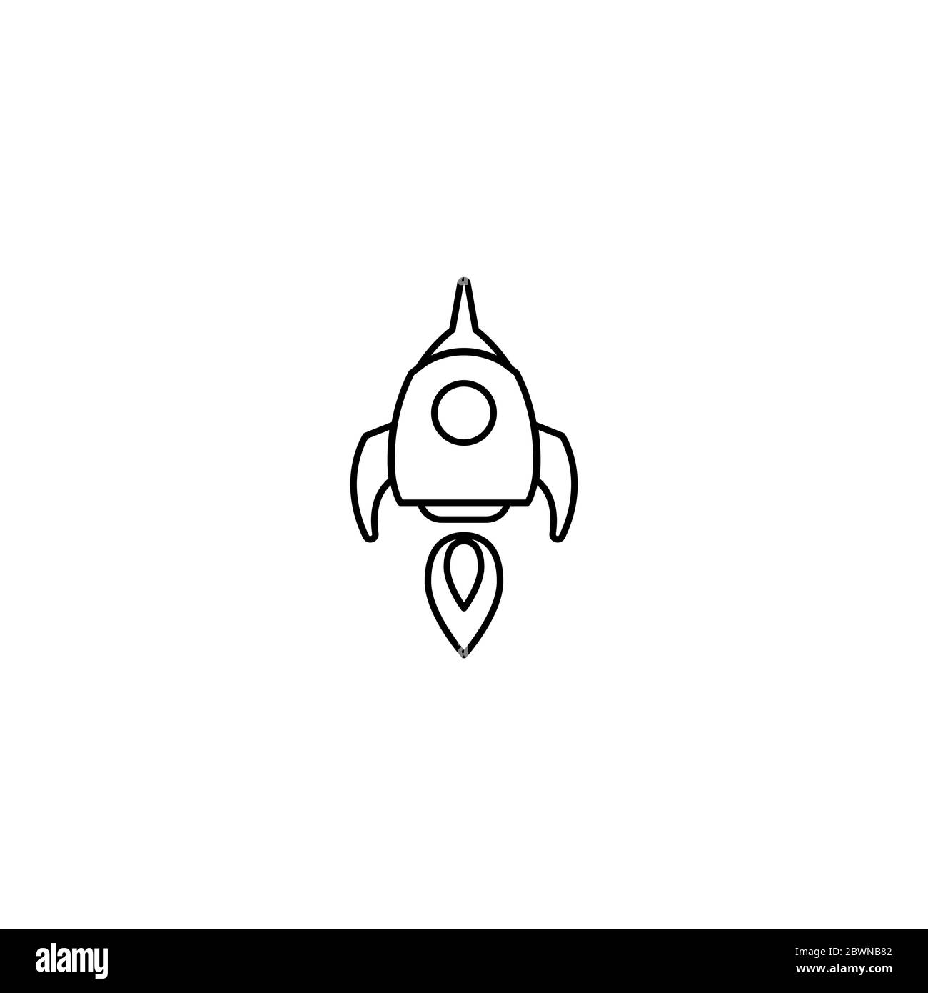 Outline rocket ship with fire. Isolated on white. Flat line icon. Vector illustration with flying rocket. Space travel. Project start up sign. Creativ Stock Vector