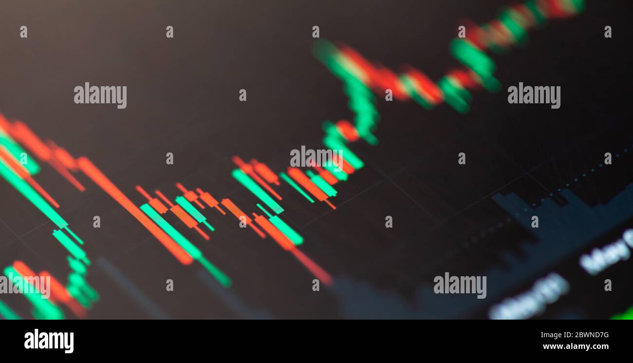 Simple stock market exchange candlestick chart graph macro, closeup, shallow dof. Day trading candle sticks on screen, technical analysis, finance Stock Photo