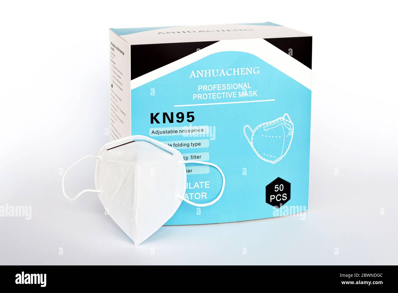 KN95 professional white medical protective face mask box package, studio product shot. Anti