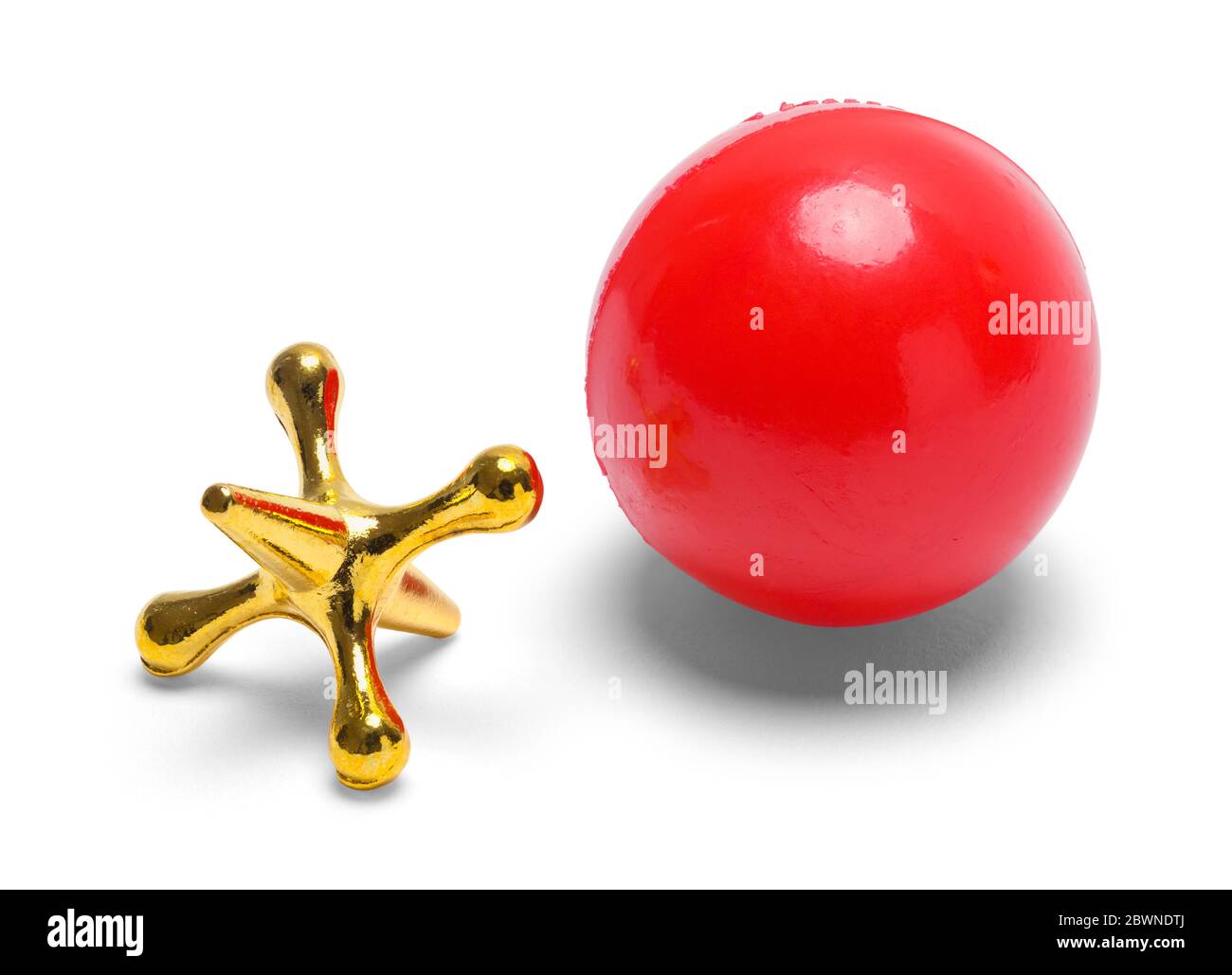 Red Rubber Ball and Jack Game Isolated on White. Stock Photo