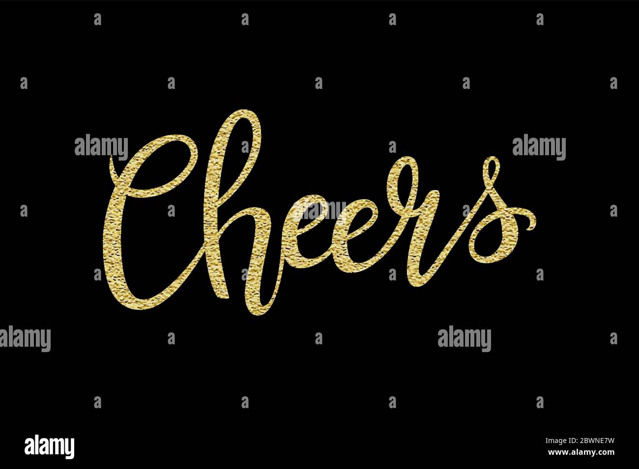 Cheers hand-drawn lettering decoration text with gold sparkles on black ...