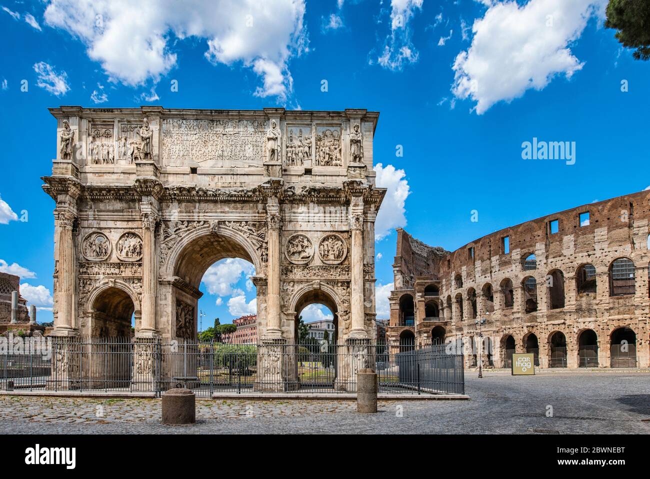 Italy Lazio  Rome in lockdown: Arch of Constantine and Coliseum - Arco di Costantino e Colosseo Stock Photo