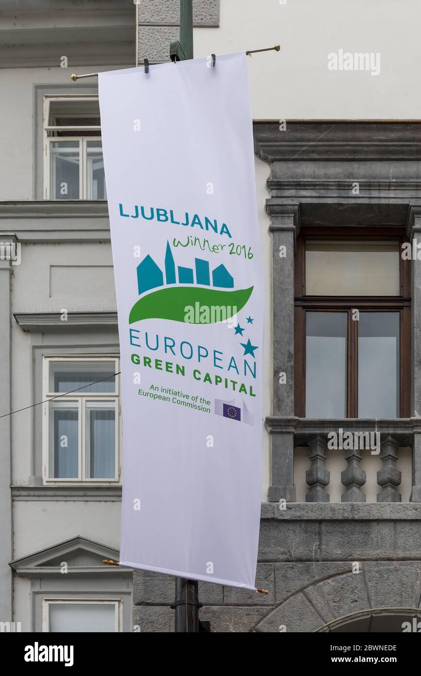 Ljubljana European Green Capital 2016 flag Stock Photo