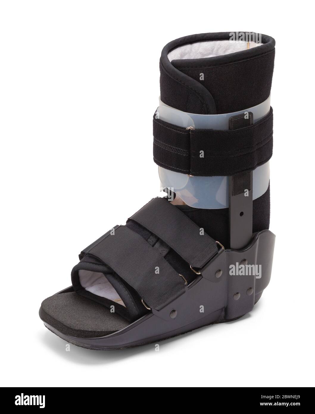Black Orthopedic Medical Boot Isolated on White Background. Stock Photo