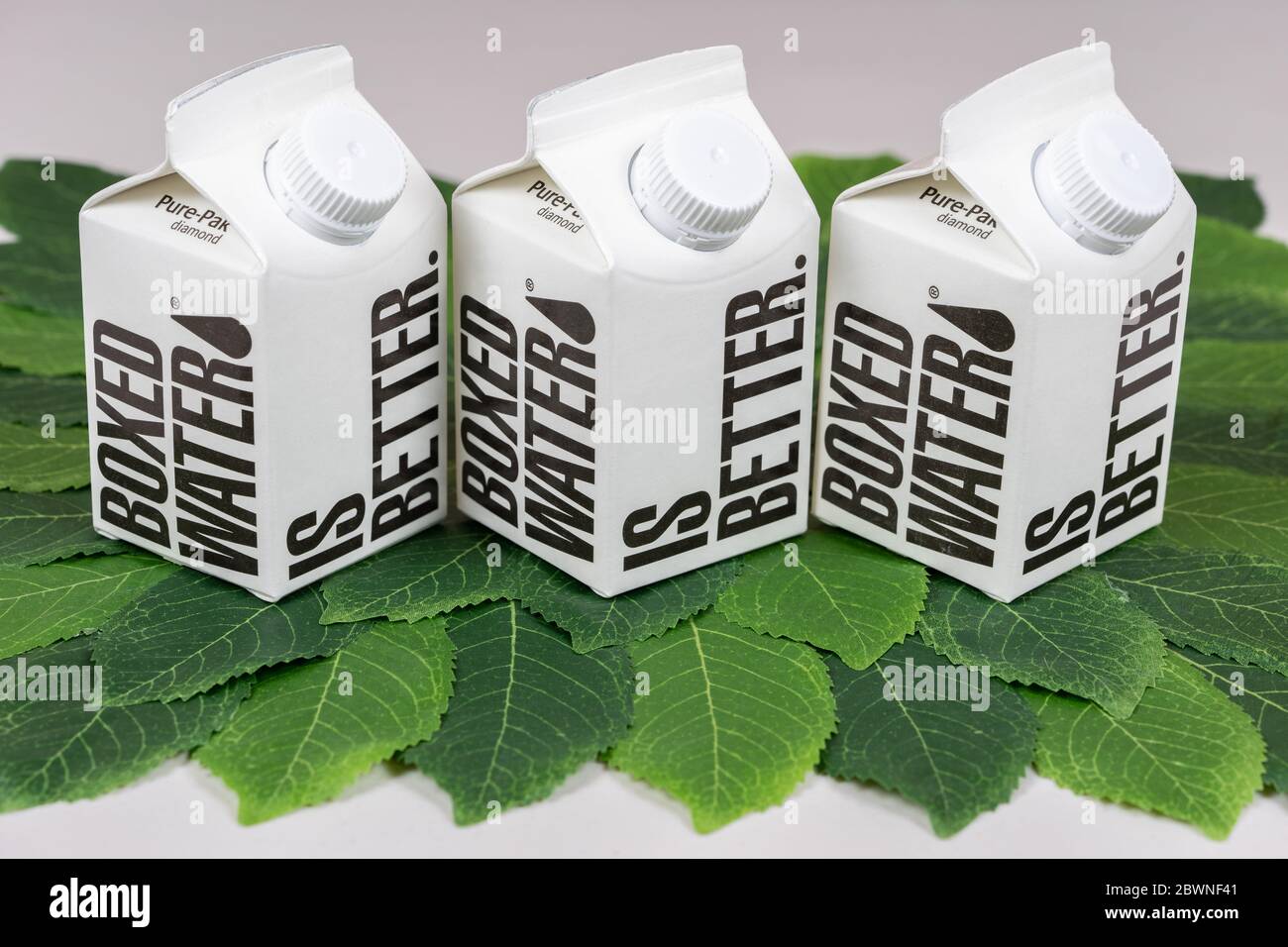 Worcester, PA - May 29, 2020: 'Boxed Water is Better' is the slogan on these boxes of purified water from the Boxed Water company that uses paper for Stock Photo