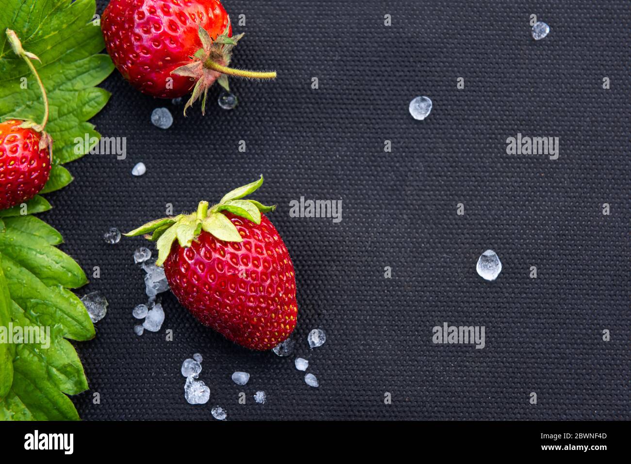 Red strawberries with few white hailstones and strawberry leaf on black textile material used for cultivating this berry in garden. Horizontal backgro Stock Photo
