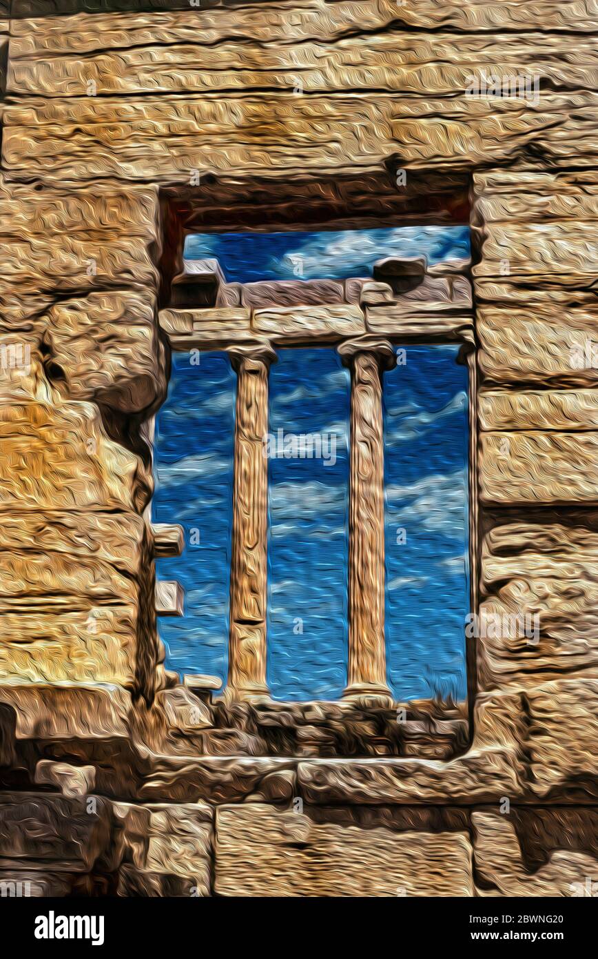 Columns framed by window in a marble temple at the Acropolis of Athens ...