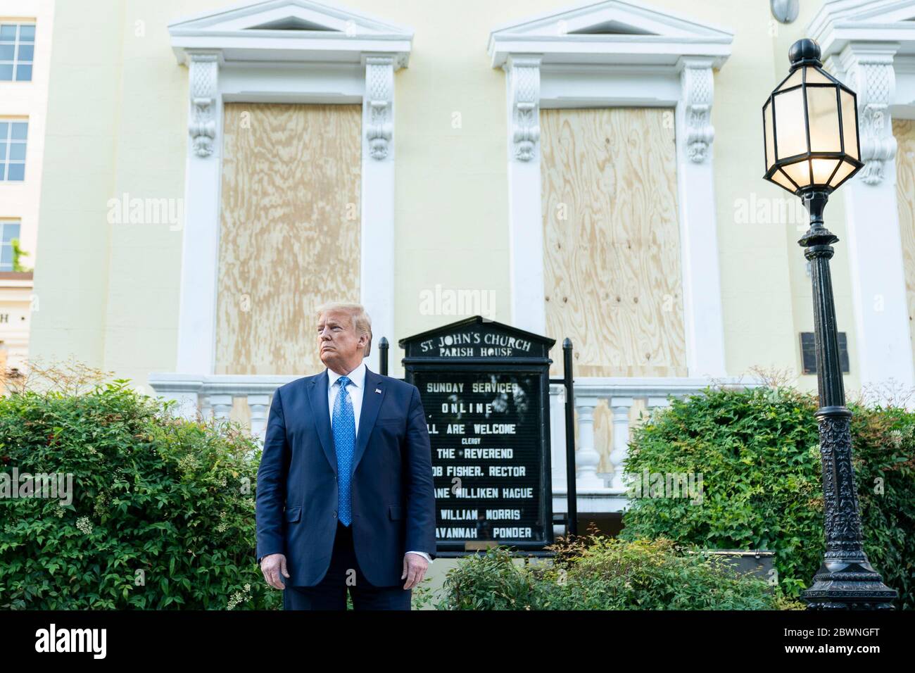 U.S. President Trump Visits St. John's Episcopal Church. President Donald J. Trump walks from the White House Monday evening, June 1, 2020, to St. John’s Episcopal Church, known as the church of Presidents’s, that was damaged by fire during demonstrations in nearby LaFayette Square Sunday evening. Stock Photo