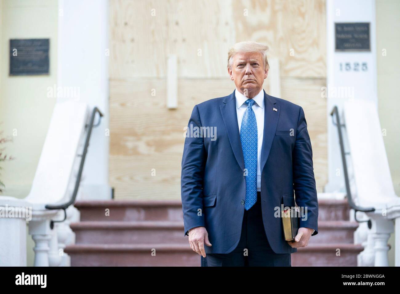 U.S. President Trump Visits St. John's Episcopal Church. President Donald J. Trump walks from the White House Monday evening, June 1, 2020, to St. John’s Episcopal Church, known as the church of Presidents’s, that was damaged by fire during demonstrations in nearby LaFayette Square Sunday evening. Stock Photo