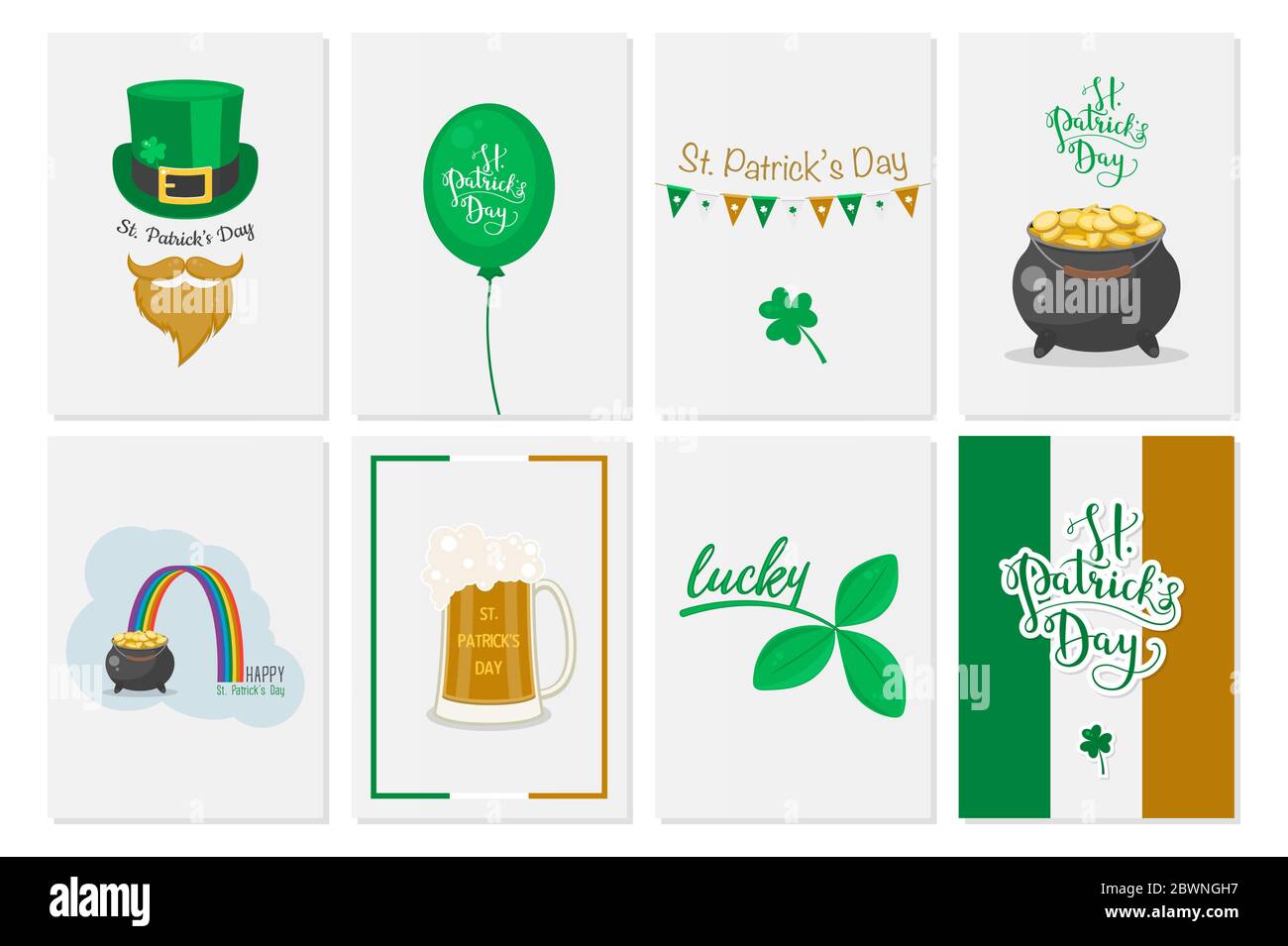 Greeting cards, banners, backgrounds, posters with Saint Patrick s day symbols. Vector set. National Irish holiday. Stock Vector
