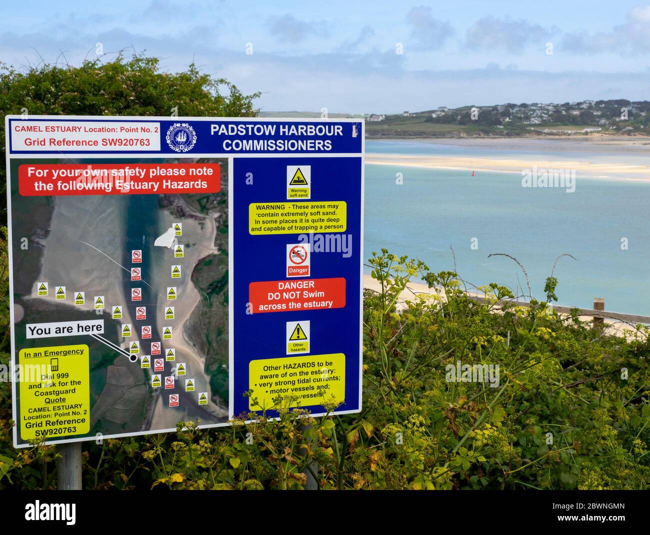 Padstow Harbour Commissioners Camel estuary hazards warning notice, Padstow, Cornwall, UK Stock Photo