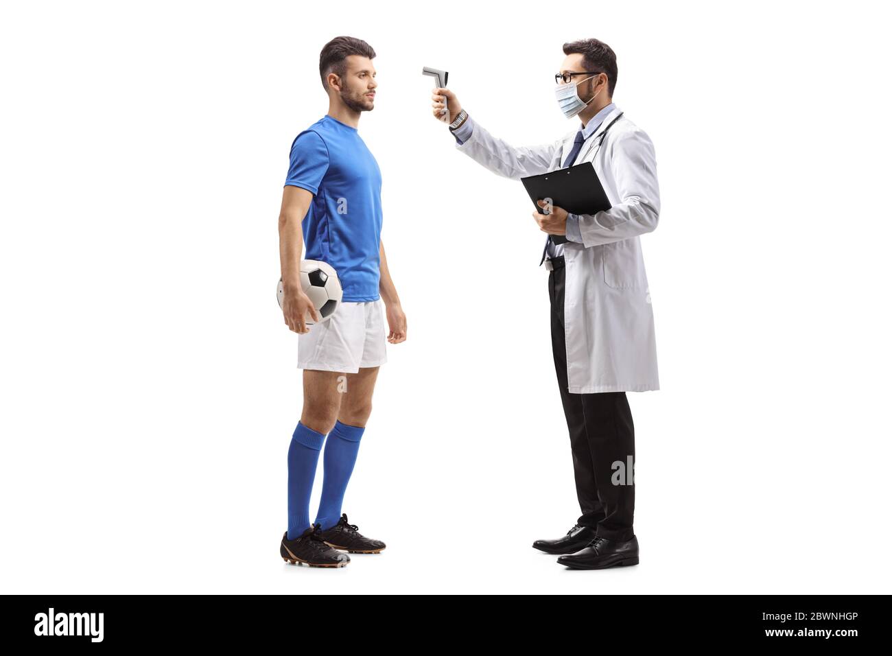 https://c8.alamy.com/comp/2BWNHGP/full-length-profile-shot-of-a-male-doctor-with-a-face-mask-measuring-temperature-to-a-football-player-isolated-on-white-background-2BWNHGP.jpg