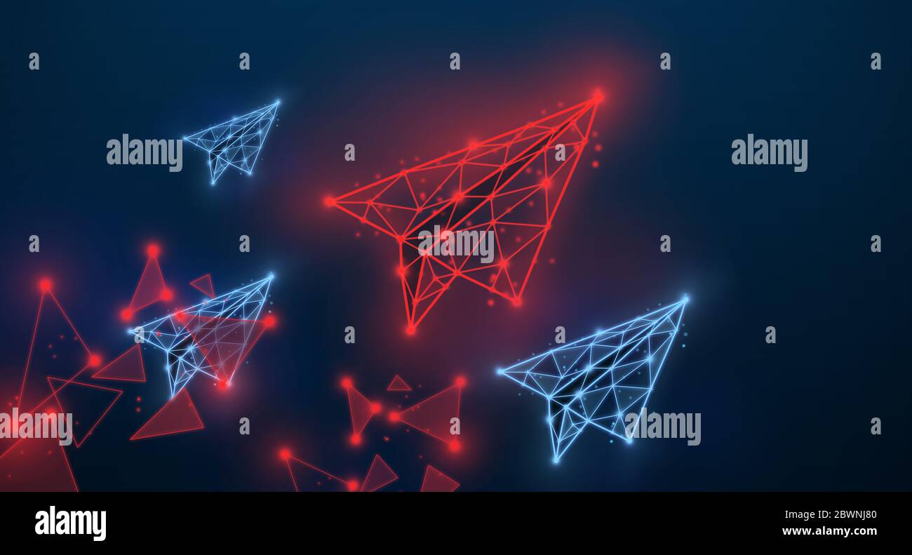 Uniqueness and individuality concept. Red polygonal plane standing out among others against dark background, illustration. Panorama Stock Photo