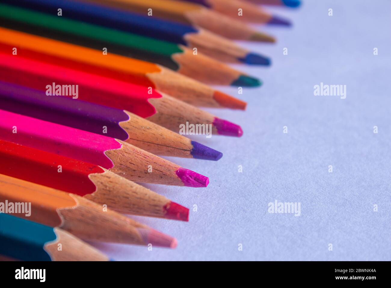 Color pencils arranged in a creative way. Student art supplies. Stock Photo