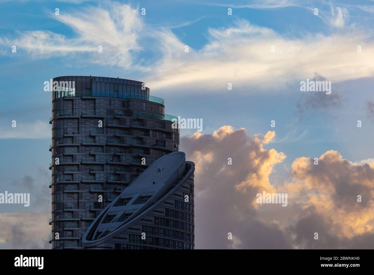 Evening sunset sky set against the Charrington and Ontario Towers at Blackwall, London Stock Photo