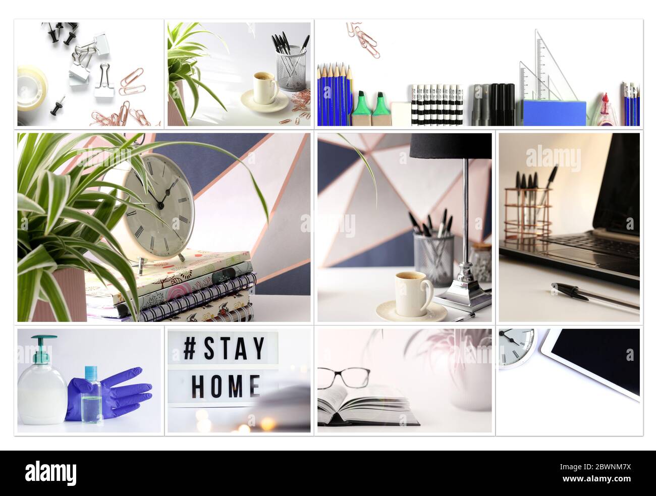 Collage of home office photos during self isolation and antibacterial accessories. Stay at home concept Stock Photo