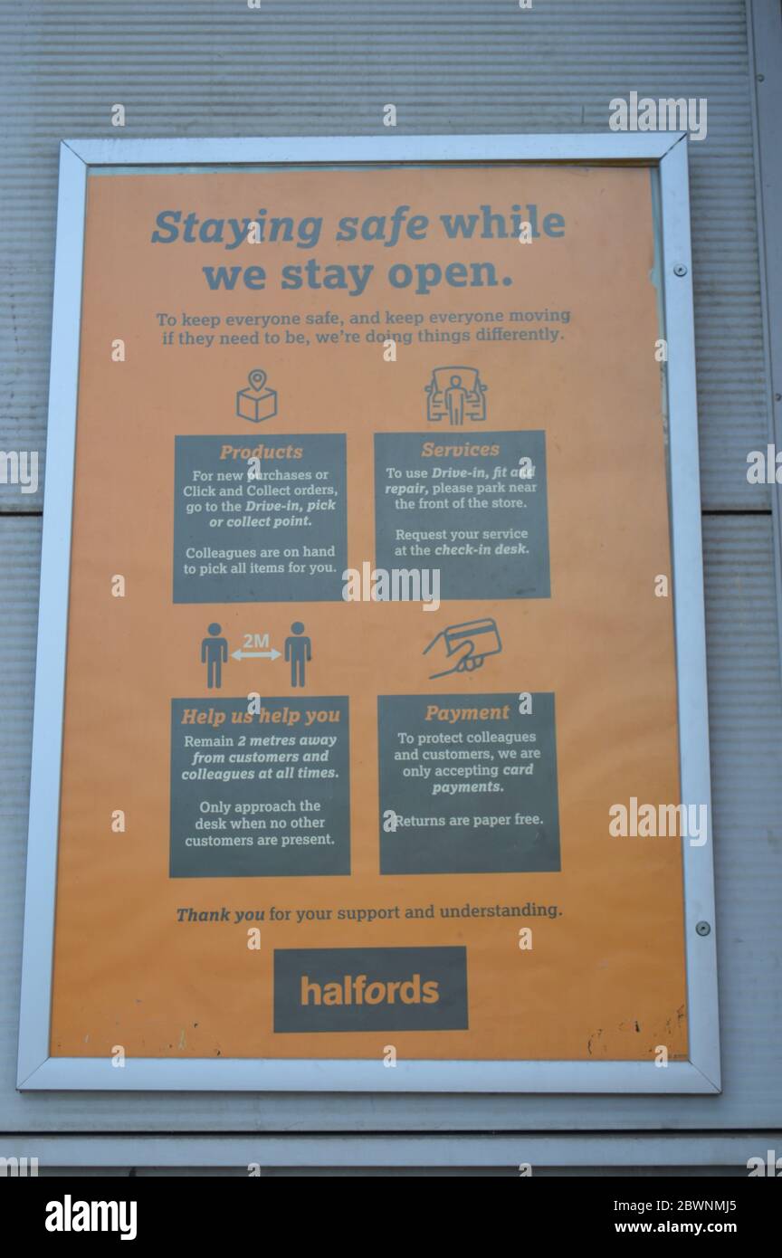 London, UK. 2 June, 2020. Halfords inform their customers of the measures implemented within their opened store throughout the coronavirus pandemic. Stock Photo