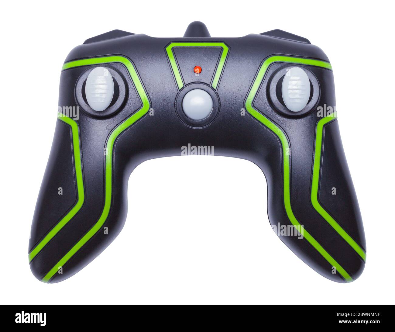 Black and Green Wireless Video Game Controller Top View Isolated on White. Stock Photo