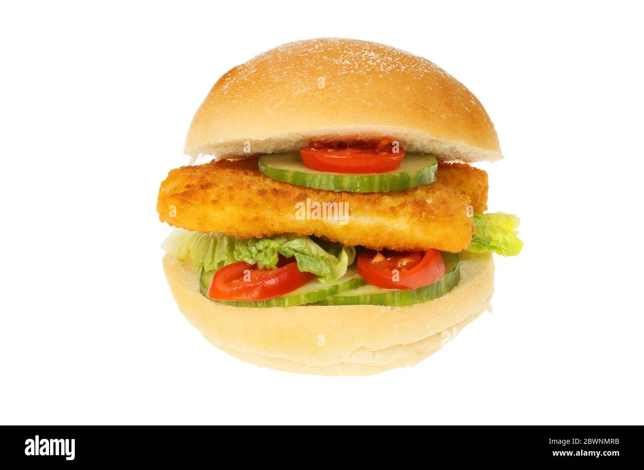 Fish fingers and salad in a bread oll isolated against white Stock Photo