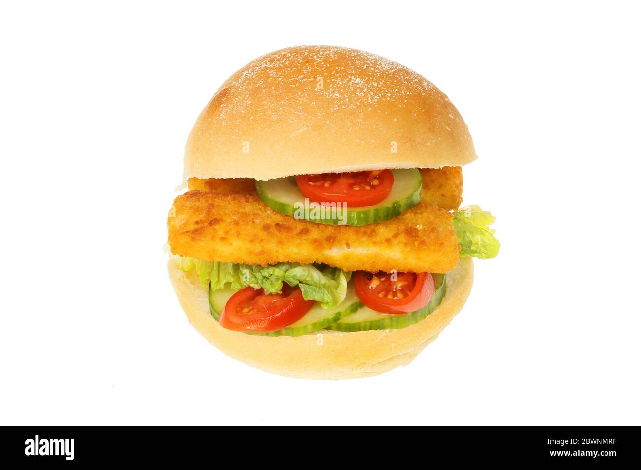 Fish fingers and salad in a bread roll isolated against white Stock Photo