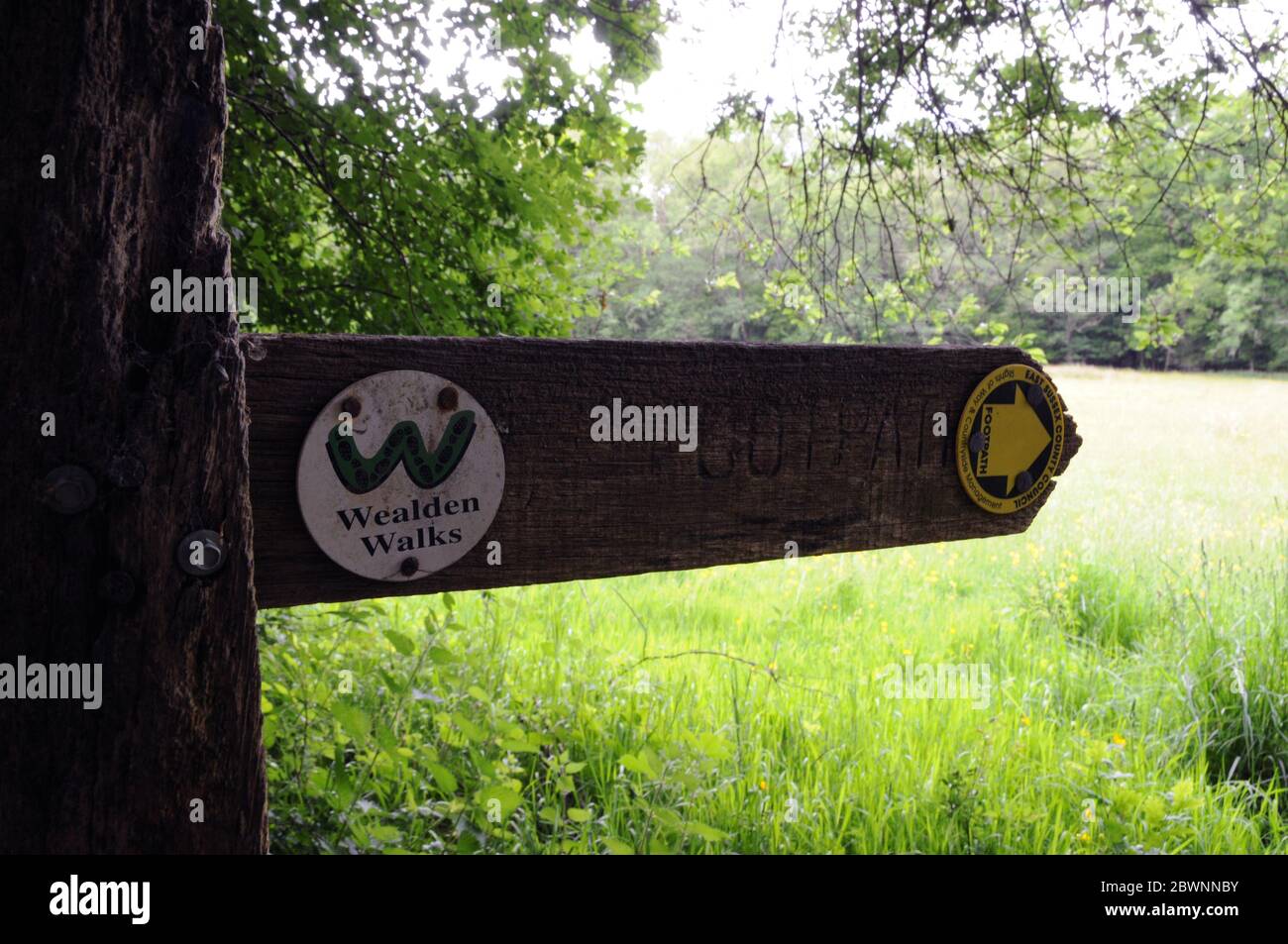 Signpost showing a Wealden Walk and a public footpath near Mayfield in the High Weald of East Sussex. Stock Photo