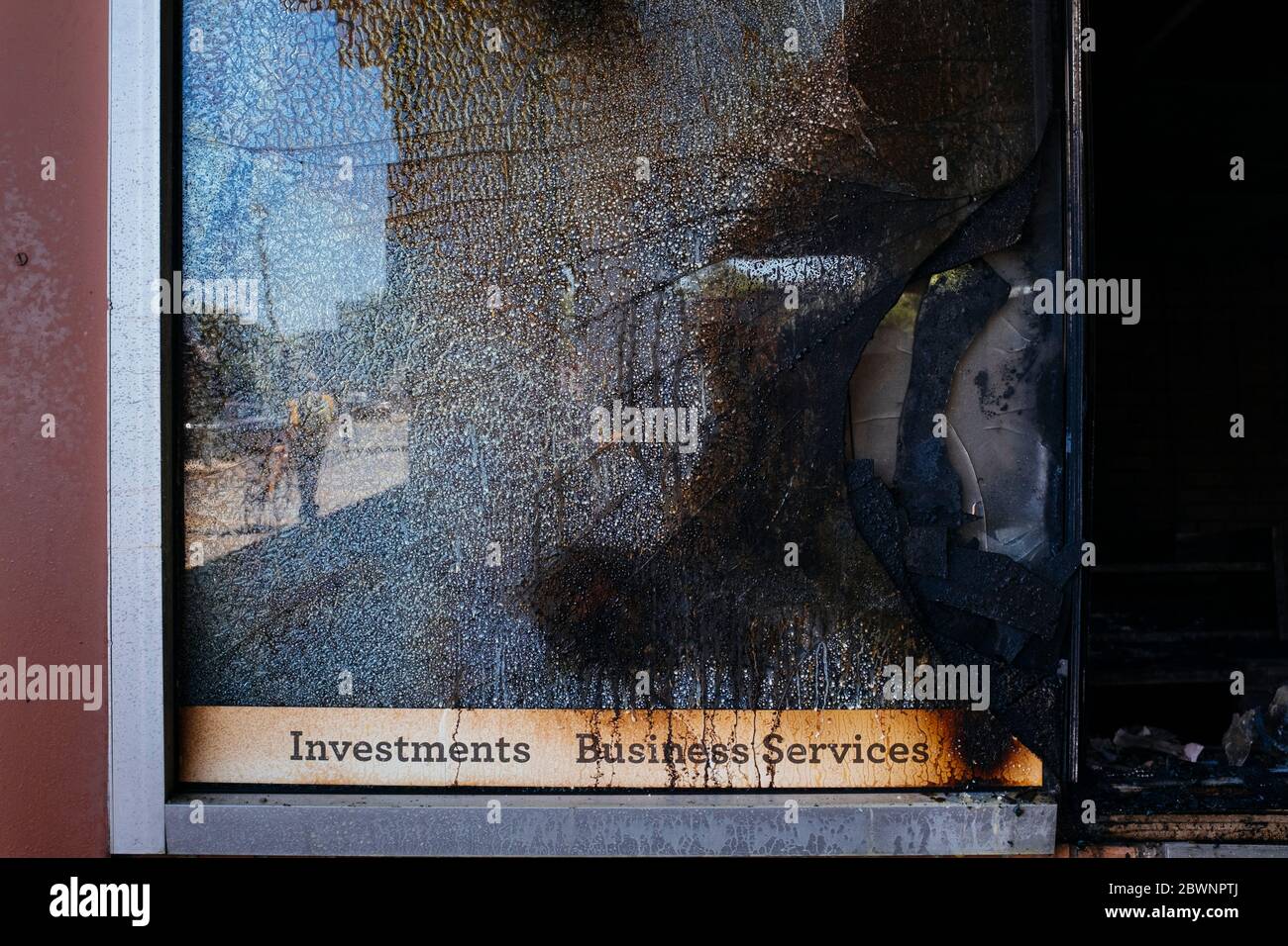 Aftermath of the riots the Wells Fargo Bank that was looted and set on fire near the Minneapolis 5th police precinct, Saturday, May 30, 2020 Stock Photo