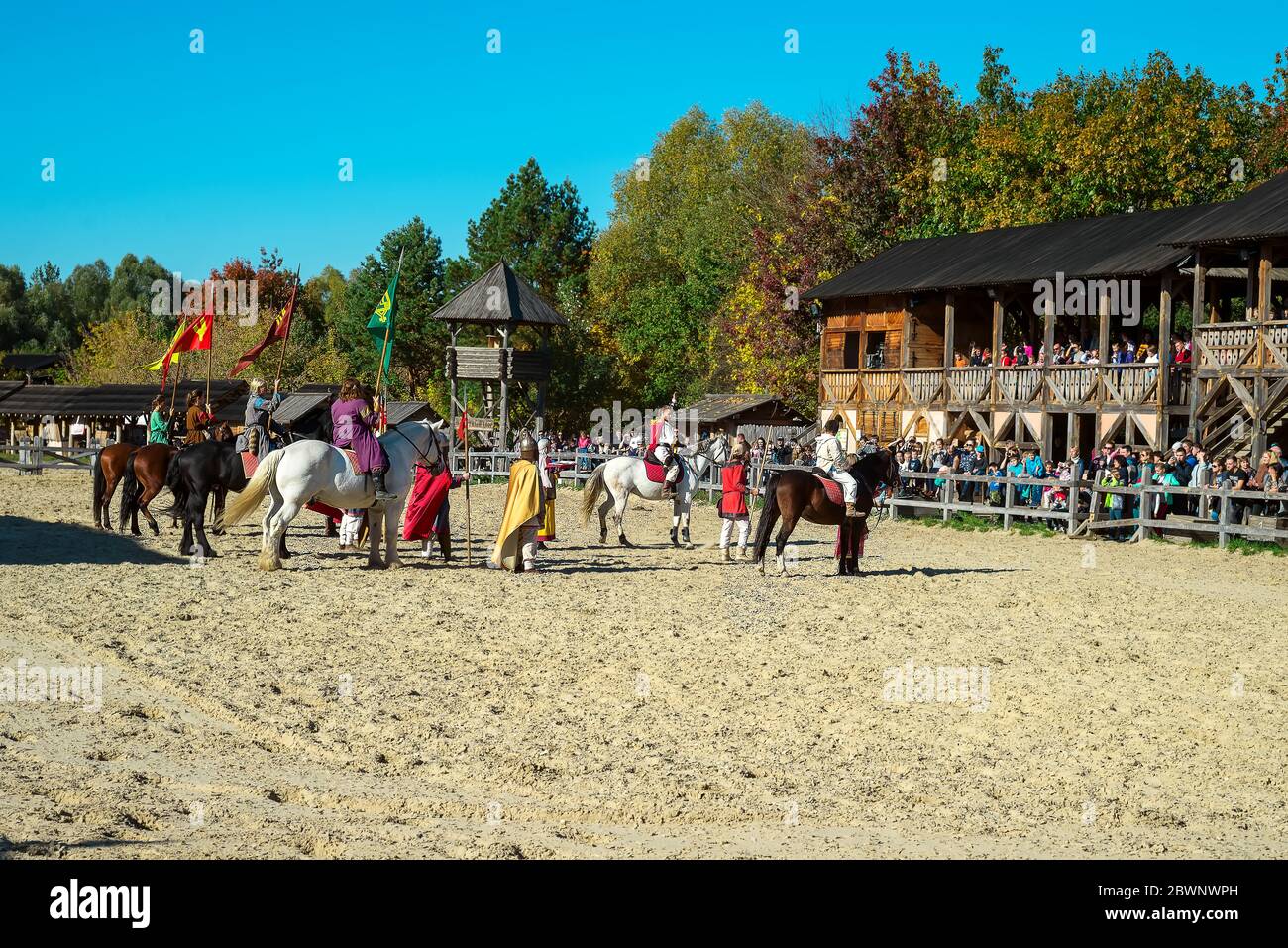 Kyiv region, UA, 13.10.2018. Crowd of people at the festival. Costume Recreation Park Kyivan Rus of medieval period Kyiv Rus. Stock Photo